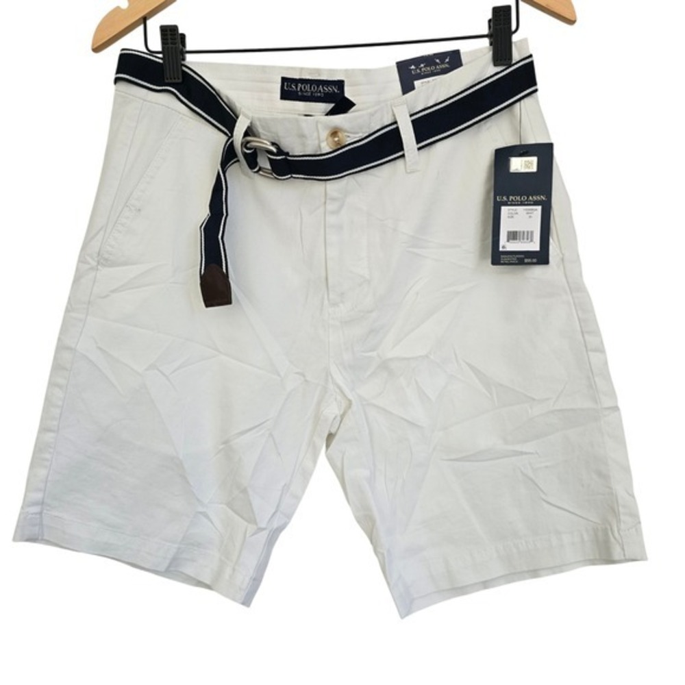 🆕️ US‎ Polo Assn Mason Short White Cotton Blend Belted Chino Shorts Size 30